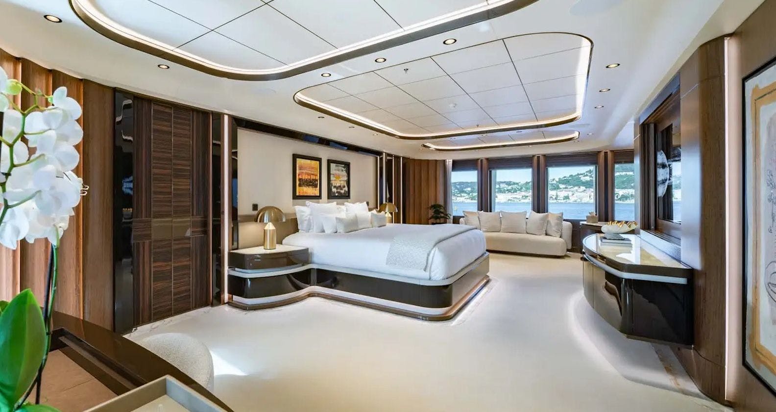 Master bedroom inside a cabin of a superyacht.