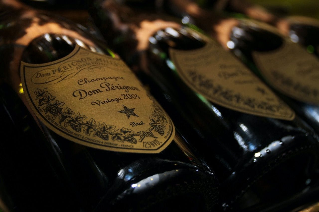 Dom Perignon bottles in a row