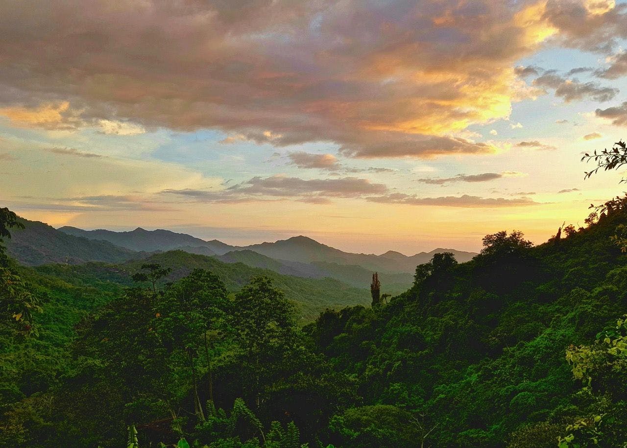 Colombian sunset viewing the lush rainforest of Minca in Colombia.