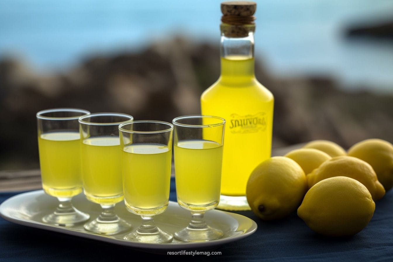 Limoncello in bottle and glasses with lemons in Amalfi