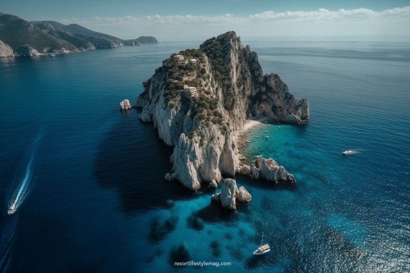 Small rocky island in the sea near Amalfi coast with boats