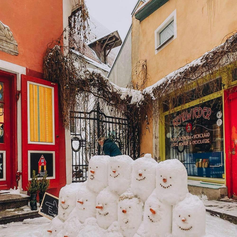 Snowmen in Tallinn old town in Estonia