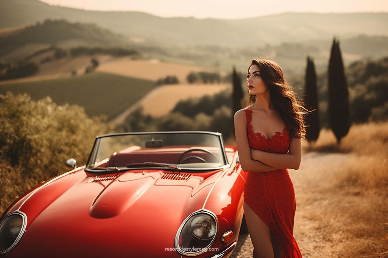 Beautiful woman standing with red car in Tuscany