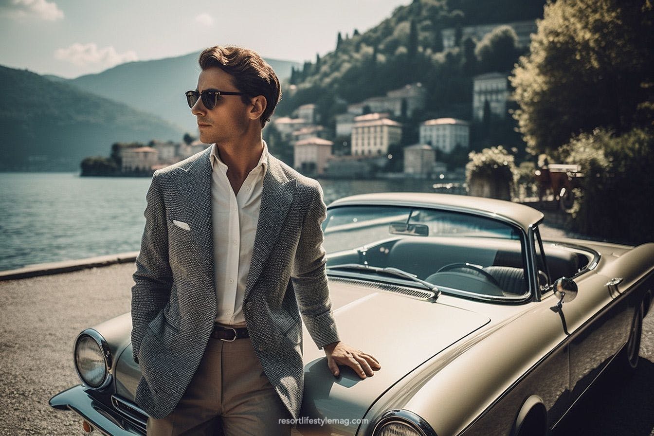 Stylish man in a suit standing with an old car next to lake Como