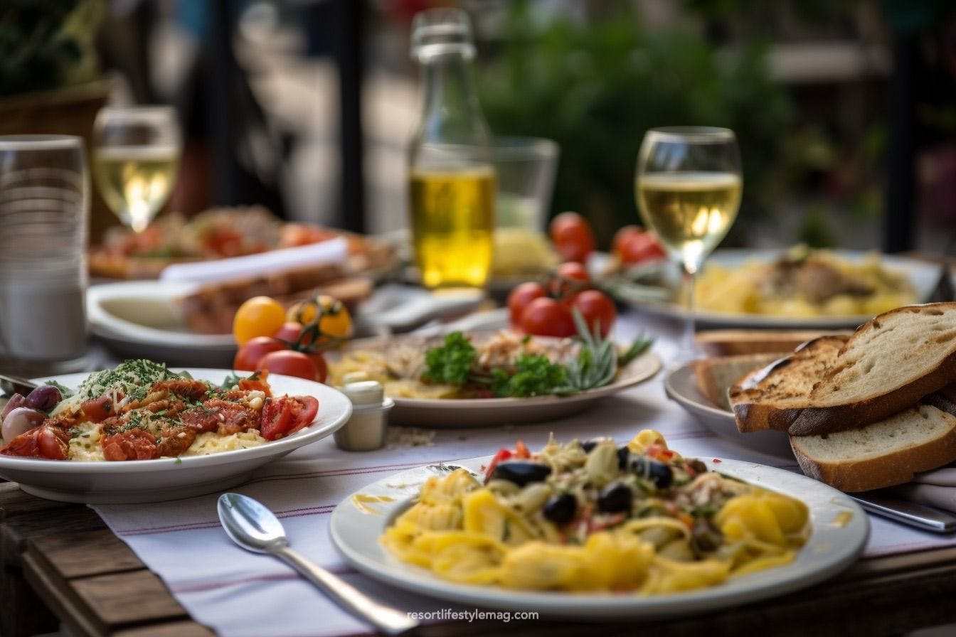 Italian restaurant dinner table with food and wine