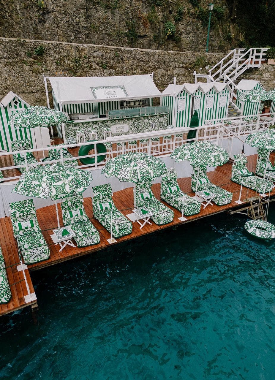 Dolce & Gabbana branded sun loungers in Le Carillon beach club in Portofino.