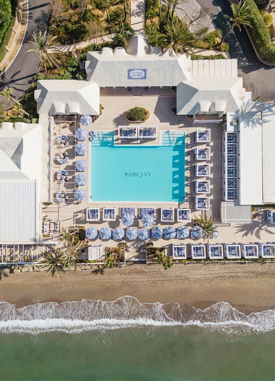 Aerial view of Dolce & Gabbana branded La Cabana beach club in Marbella.