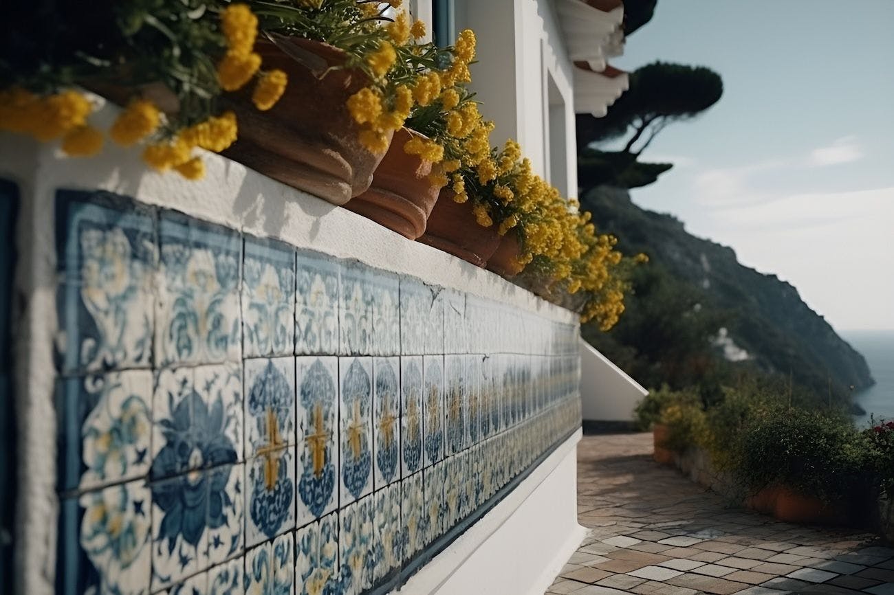 Majolica patterned tiles on the wall of villa in Capri.