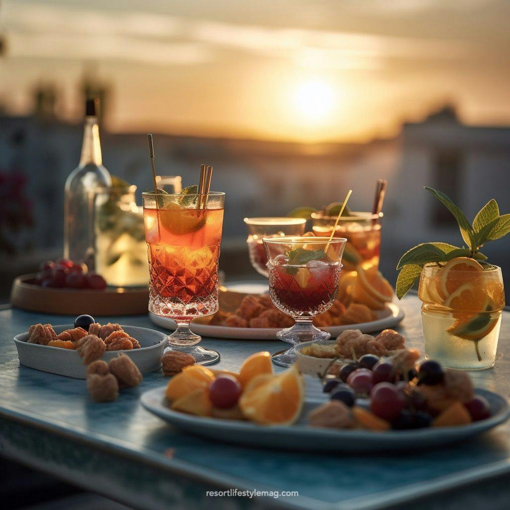 Colorful cocktails and snacks on plates with sunset