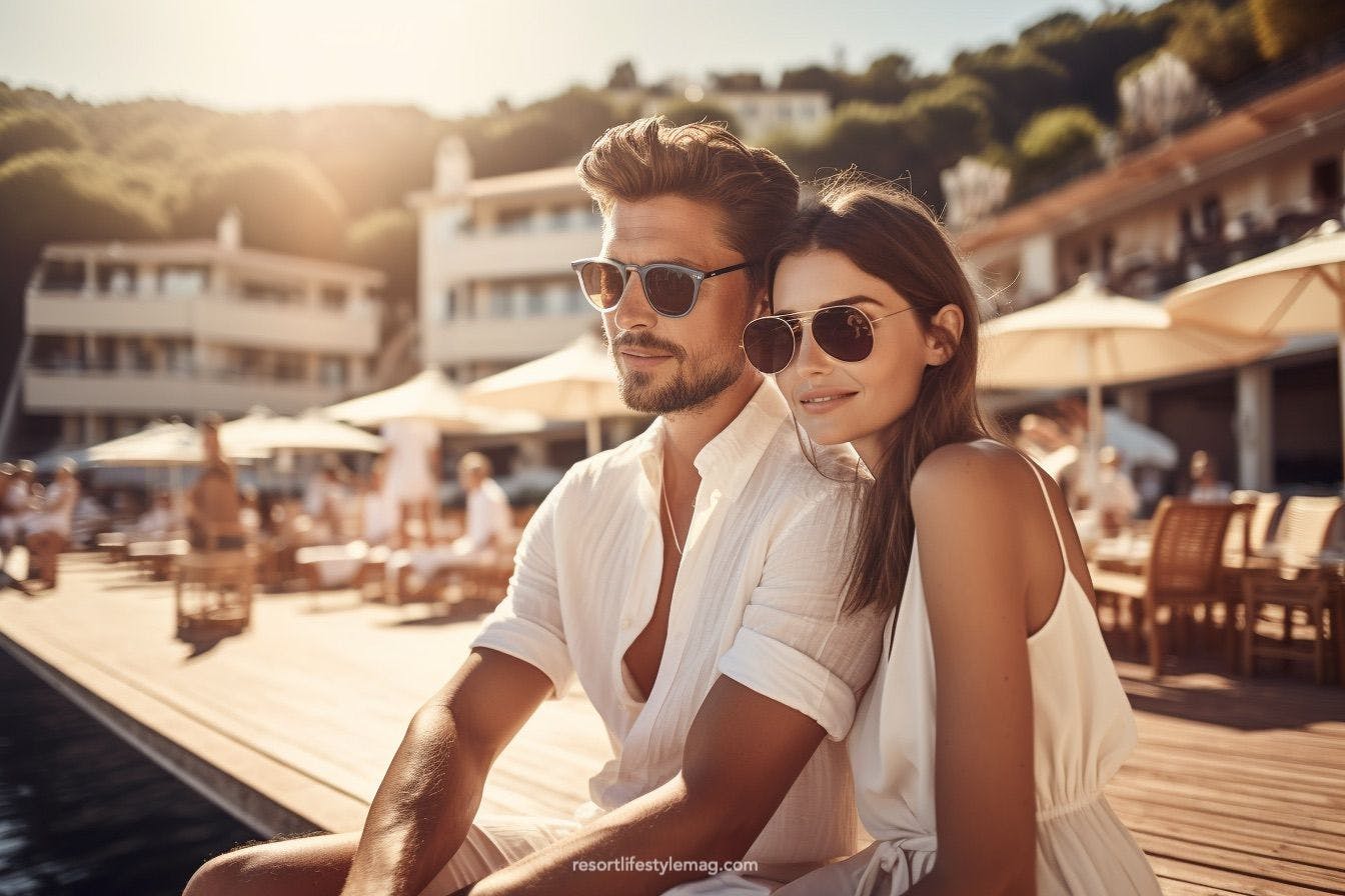 Couple sitting on Saint-Tropez beach club terrace