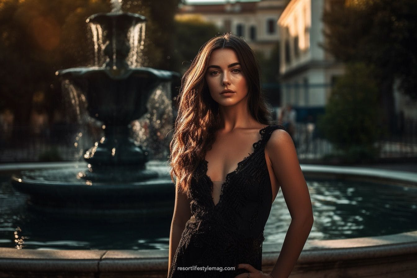 Stylish woman in a black cocktail dress standing next to a fountain in Italy