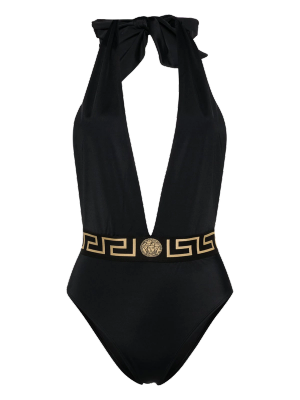 Greca-waistband V-neck swimsuit by Versace.