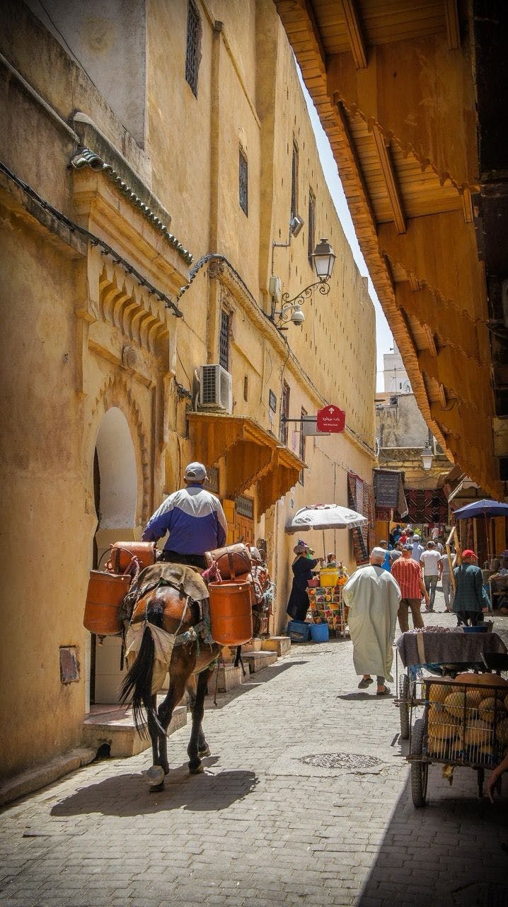 Man riding a camel in Fes Morocco.
