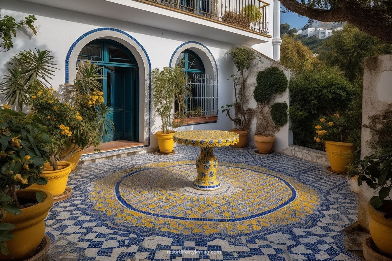 Amalfi villa colorful courtyard with majolica patterned table