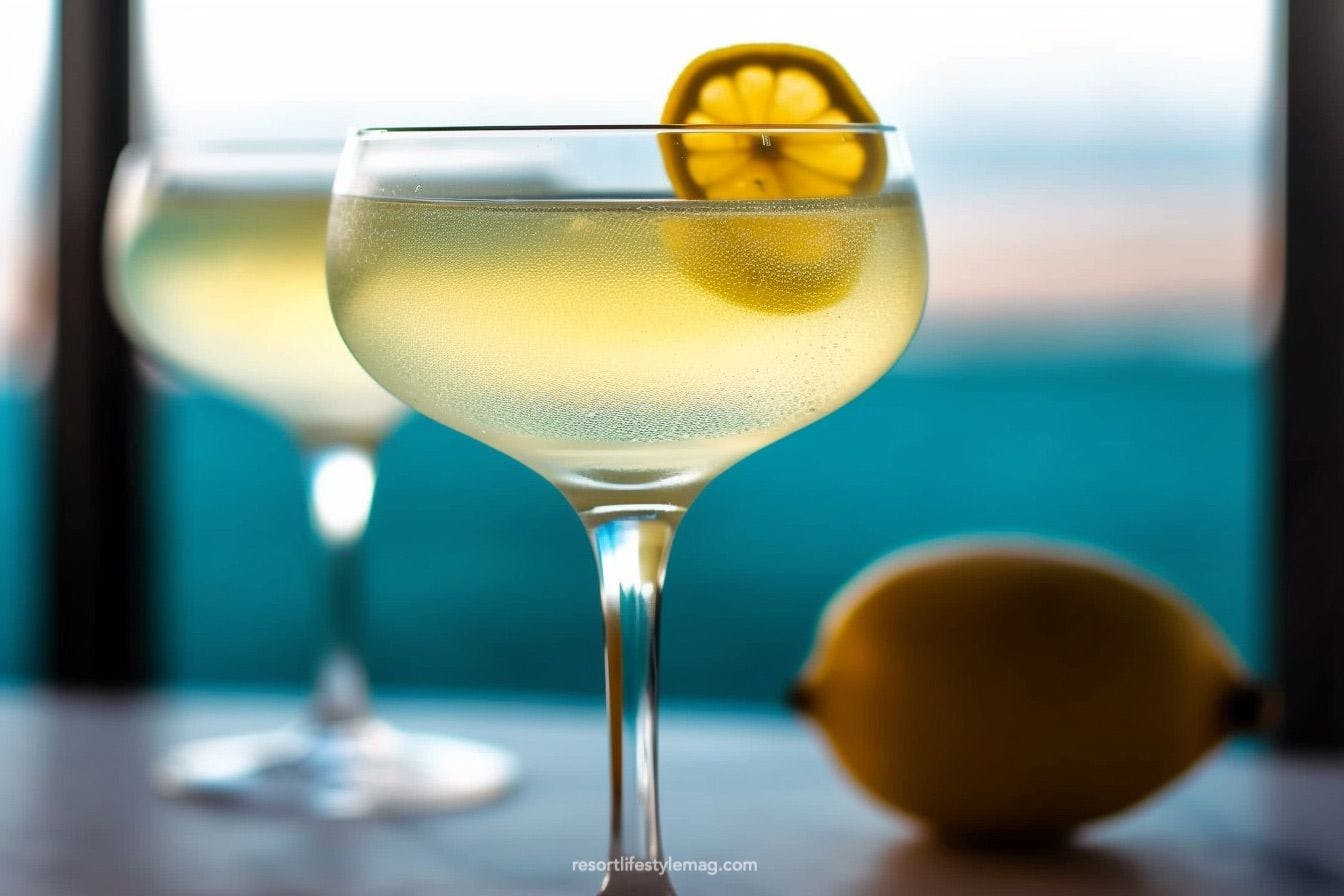 French 75 cocktail in a coupe glass with lemon