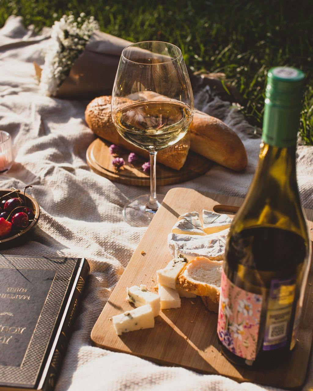 Picnic with cheese and wine in France