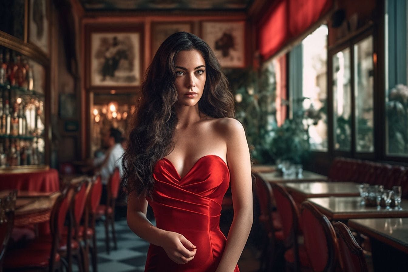 Beautiful woman in red dress in cafeteria in Rome