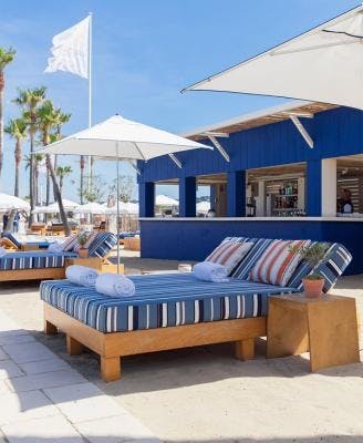 Sun loungers in Saint-Tropez beach club Bagatelle