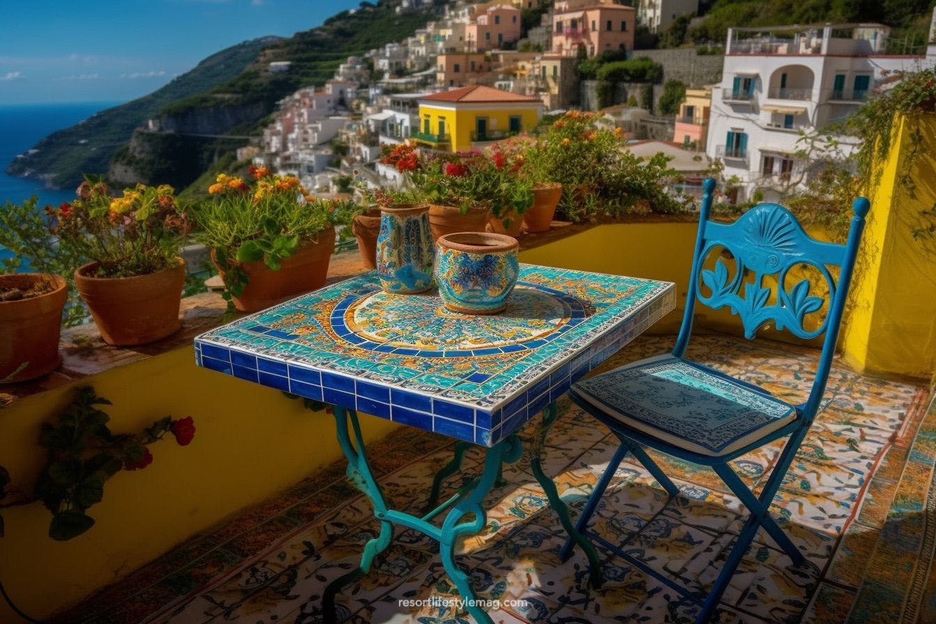 Amalfi terrace with majolica pattern table and chair