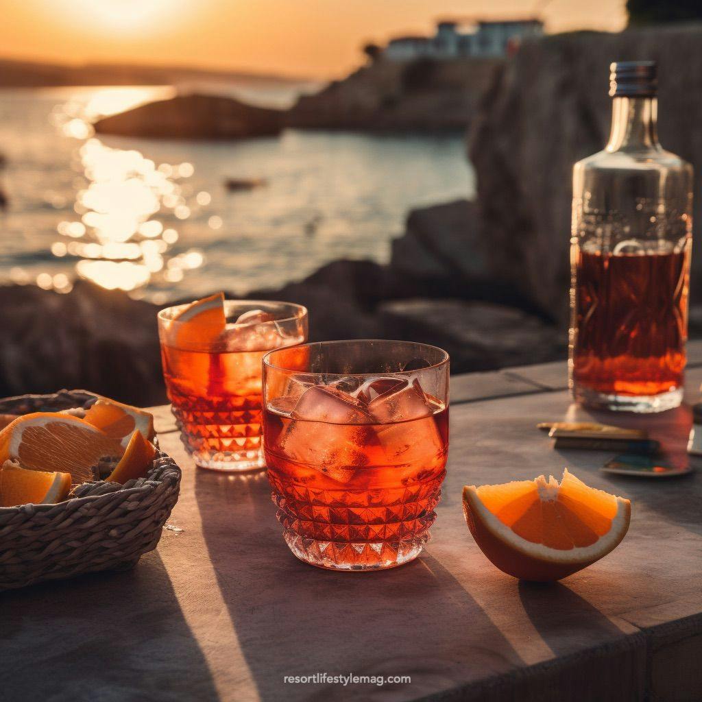 Red cocktails with ice and sunset by the sea