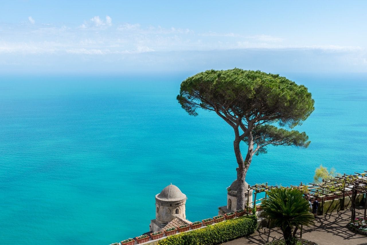 Bright blue Mediterranean Sea and a pine tree on the coast of Ravello Italy.