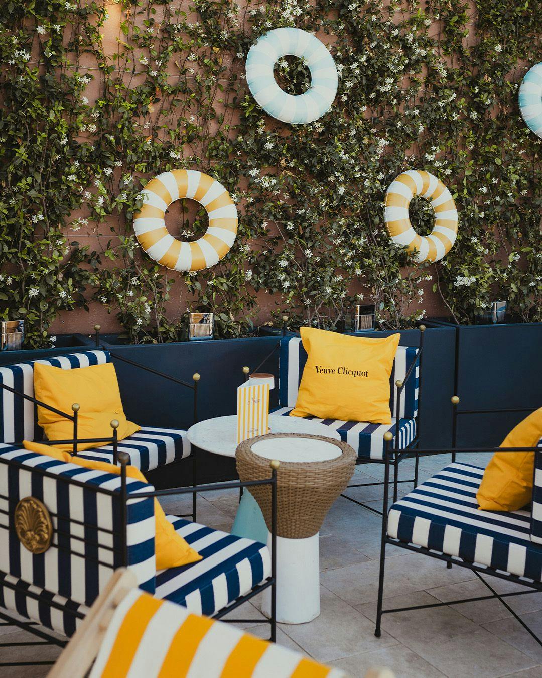 Veuve Clicquot branded seating area in Hotel W in Rome Italy.