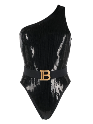 Sequined one-shoulder swimsuit by Balmain.