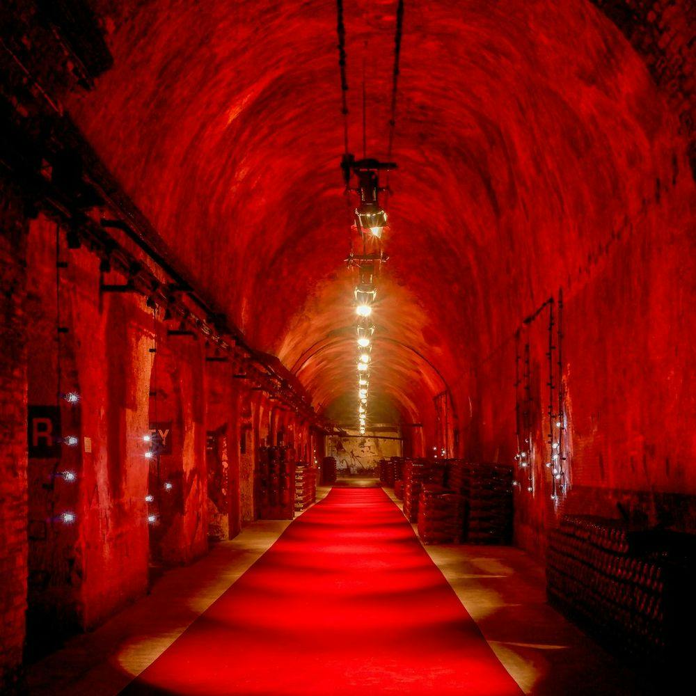 Underground wine cellar in Pommery champagne house in Reims France.