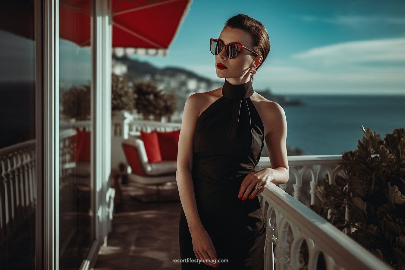 Woman wearing satin halterneck dress in Cannes hotel