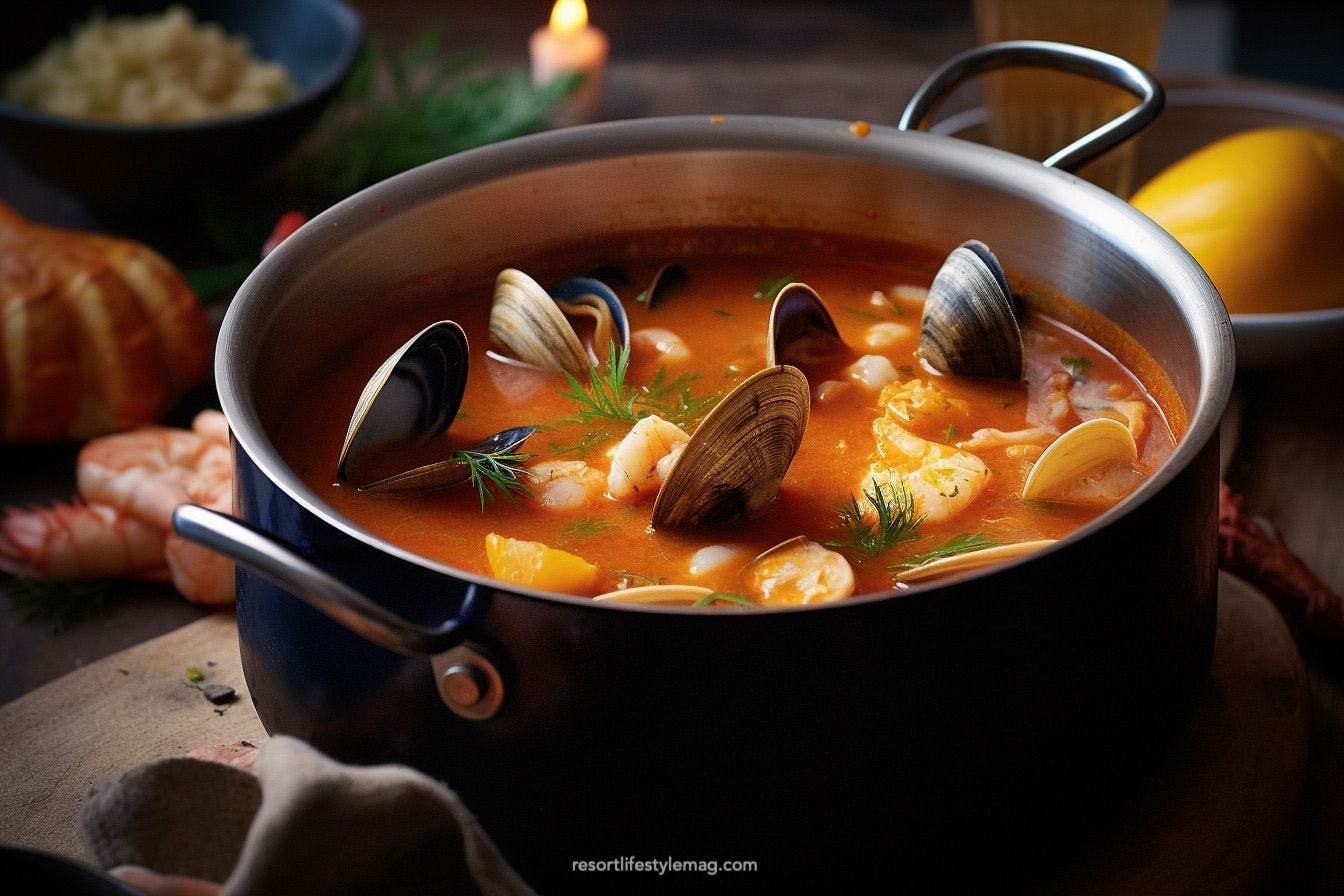 Bouillabaisse soup in a pot on wooden table