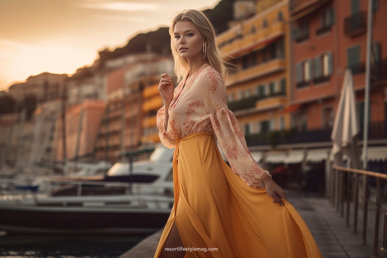 Woman wearing silk maxi skirt in Cannes