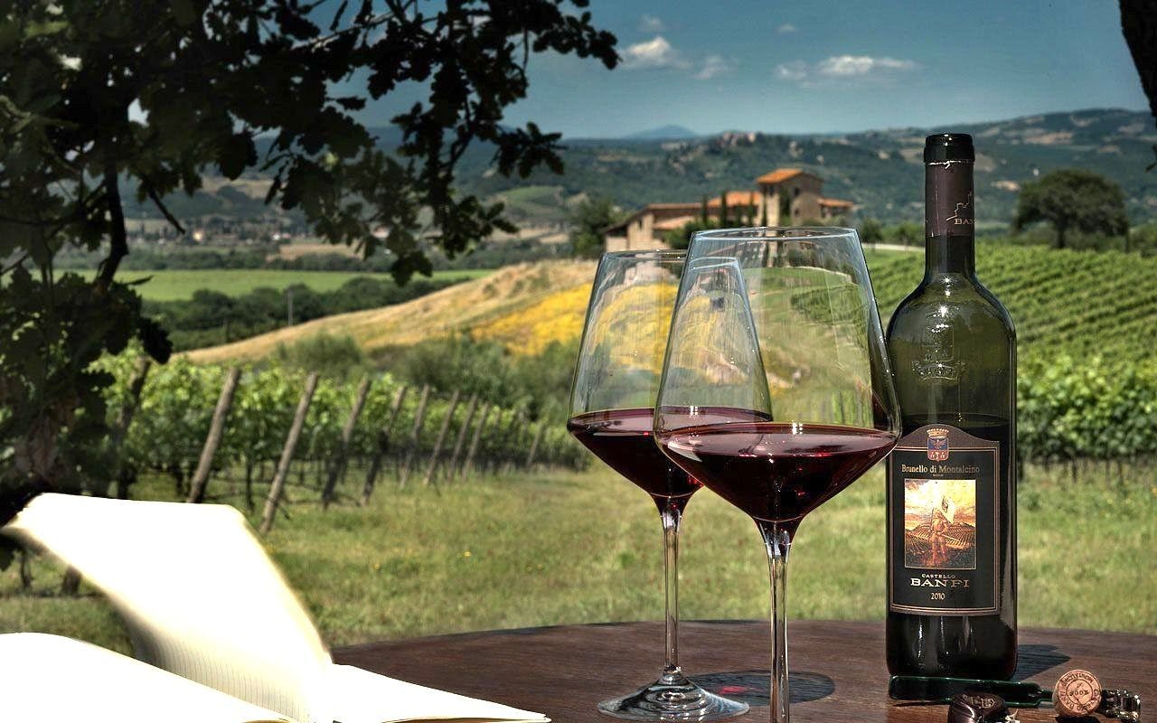 Two glasses of red wine on the table in vineyard in Tuscany.