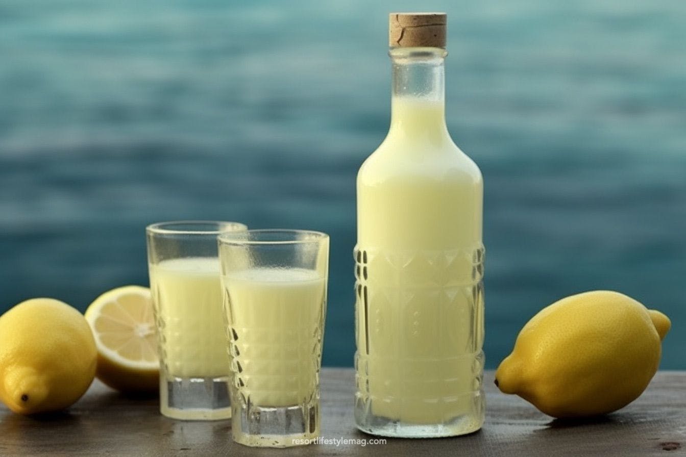 Limoncello di Crema in bottle and glasses with lemons in Sorrento