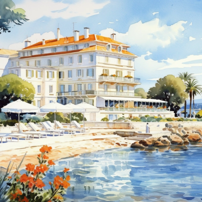 Watercolor painting of a French Riviera hotel.
