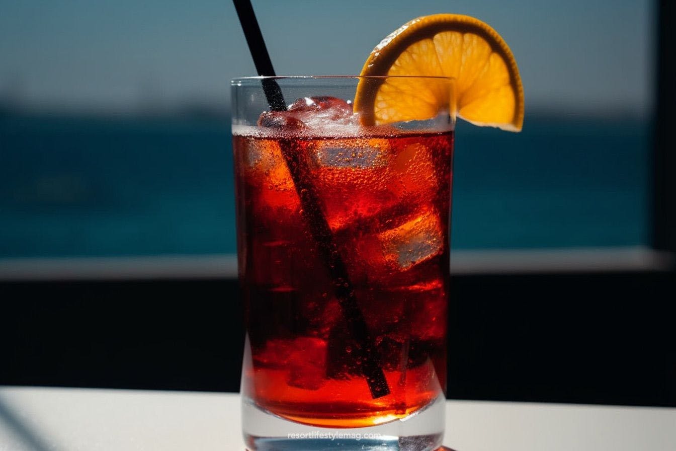 Americano cocktail in a glass with straw, ice and lemon wedge