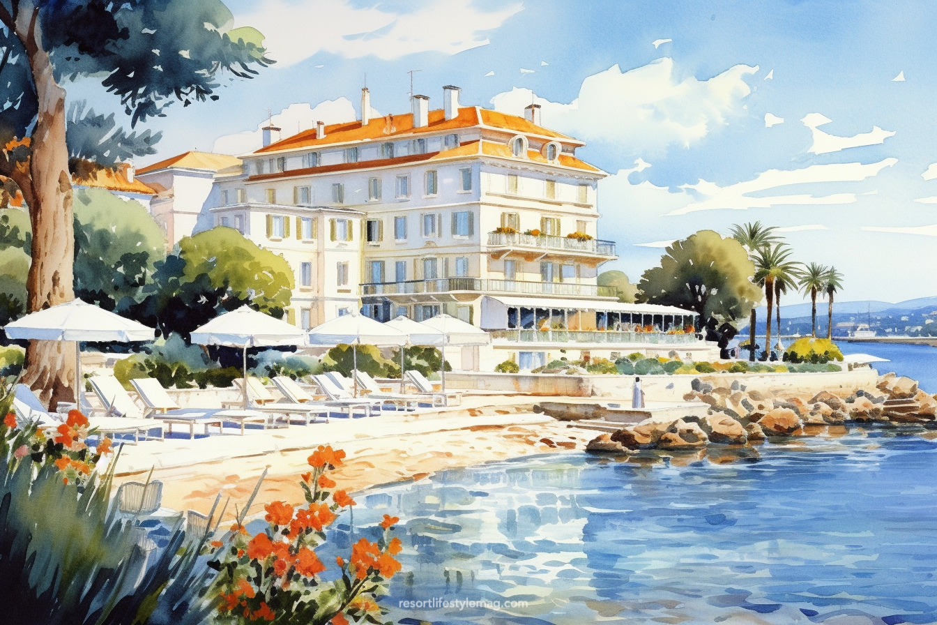 Watercolor picture of Hotel Belles Rives in French Riviera