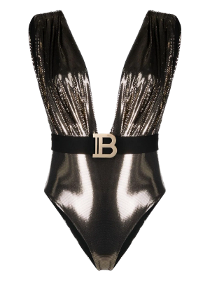 Balmain metallic-effect logo belt swimsuit