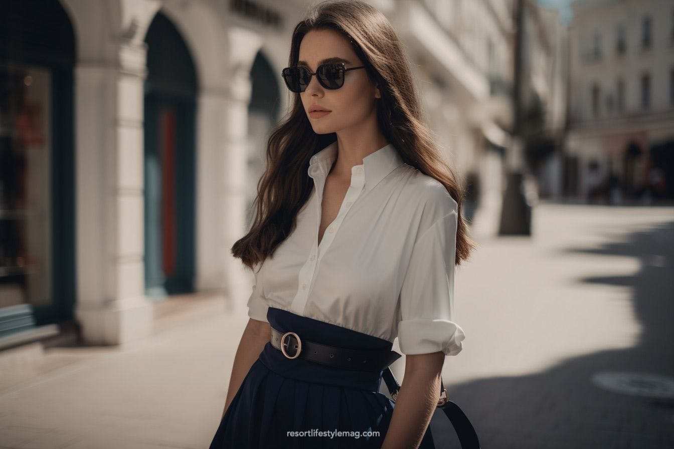 Woman with white linen shirt and navy skirt in Cannes