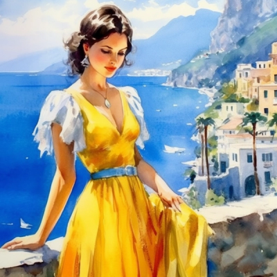Watercolor painting of a lady in yellow dress in Capri island.
