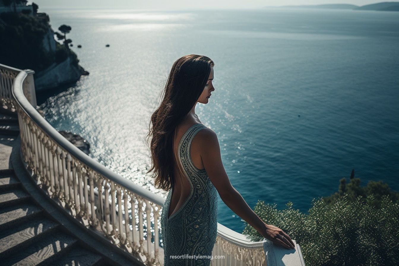 Woman wearing long beaded evening gown in French Riviera