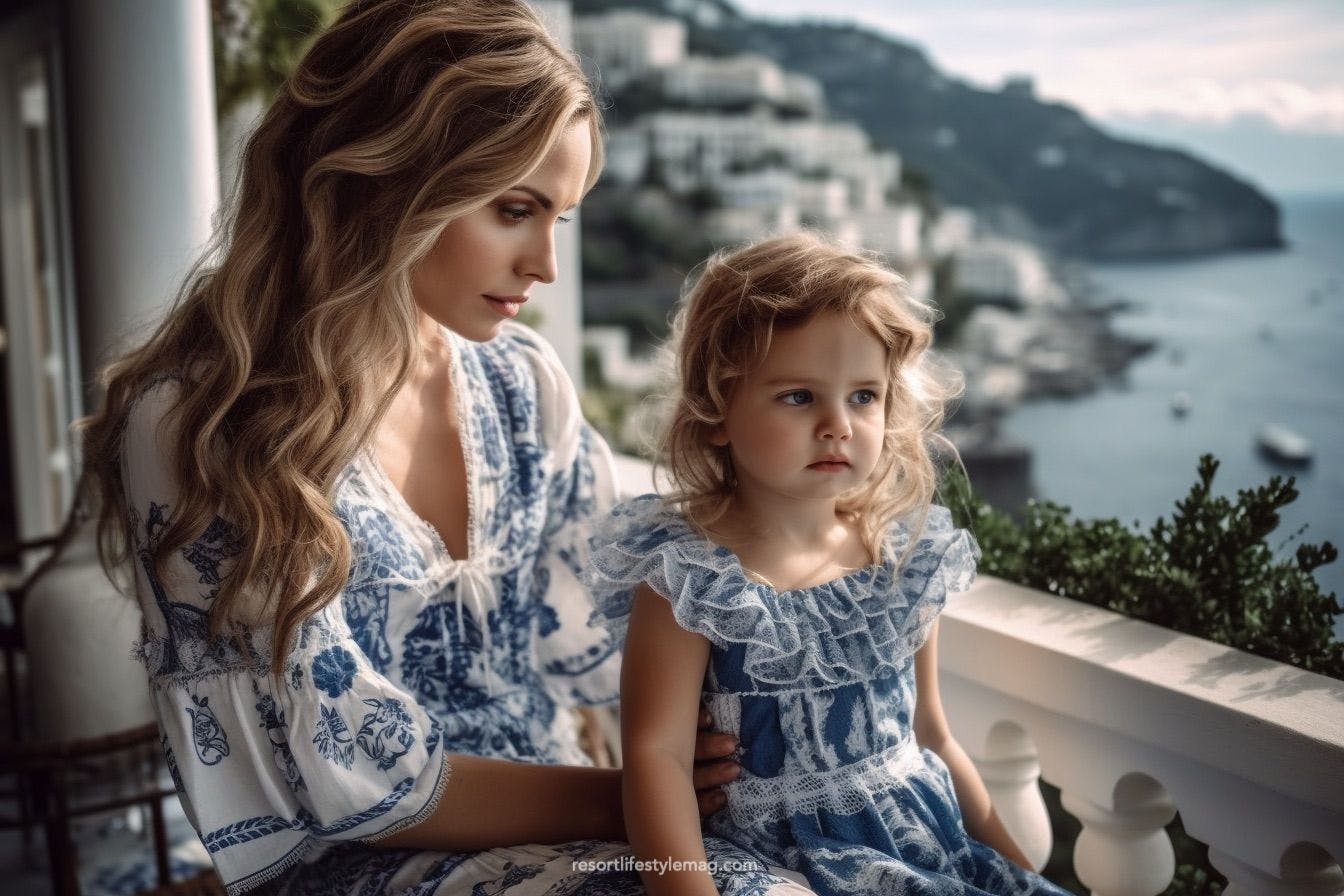 Stylish mother and toddler wearing matching Dolce & Gabbana dresses