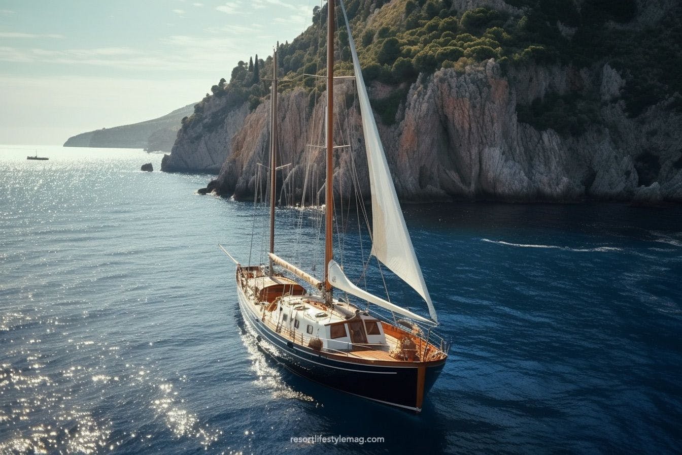 Sailboat with white sails sailing near Amalfi coastline