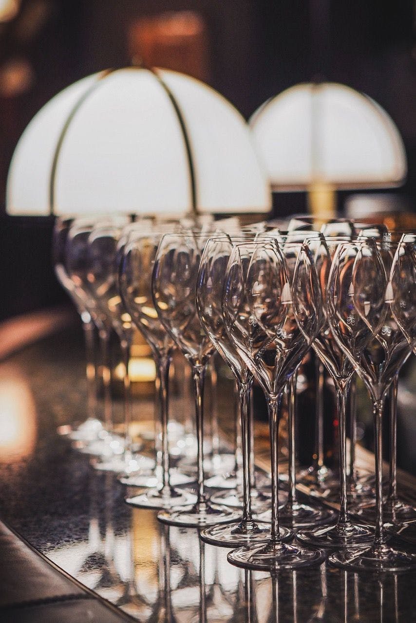 Empty champagne glasses on a table