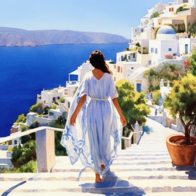 Watercolor painting of a woman in white dress walking in Santorini.