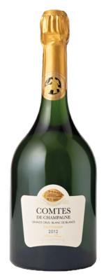 Bottle of Taittinger Blanc de Blancs champagne.