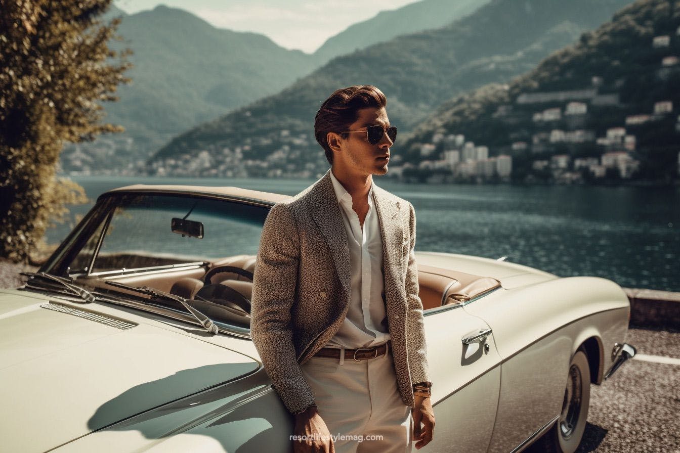 Stylish man standing next to an old car overlooking lake Como
