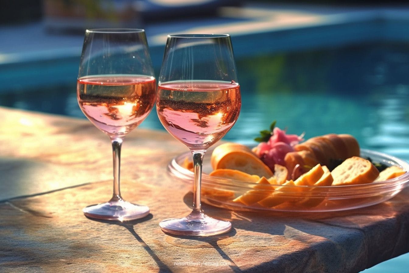 French rose wine with snacks on the plate by the pool