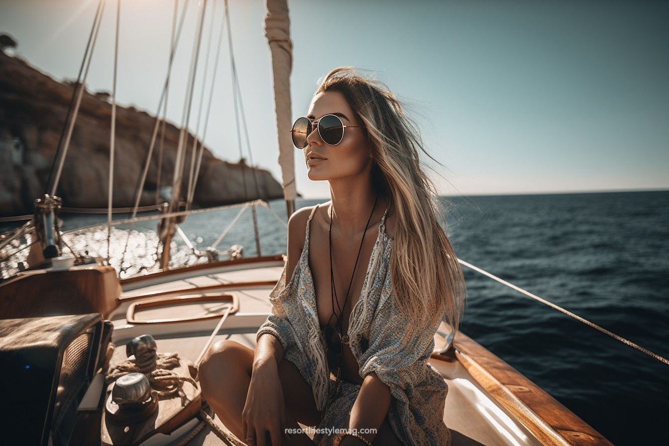Beautiful girl sitting on a sailboat near Amalfi coast