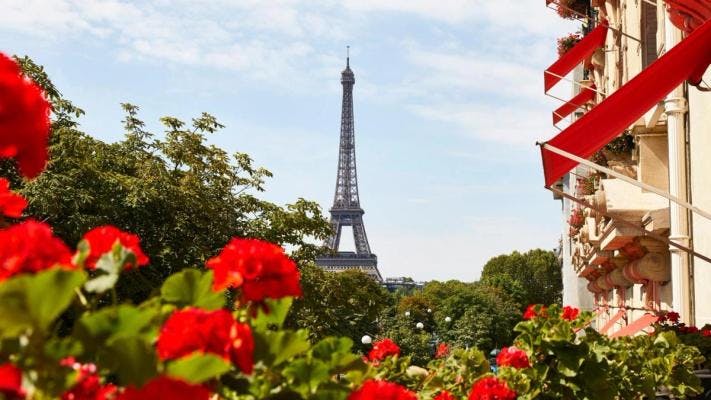 View on Eiffel Tower from Hôtel Plaza Athénée in Paris.