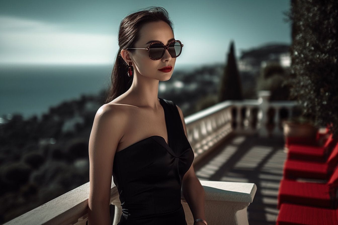 Stylish woman wearing glamorous evening dress standing on a terrace overlooking French Riviera coast
